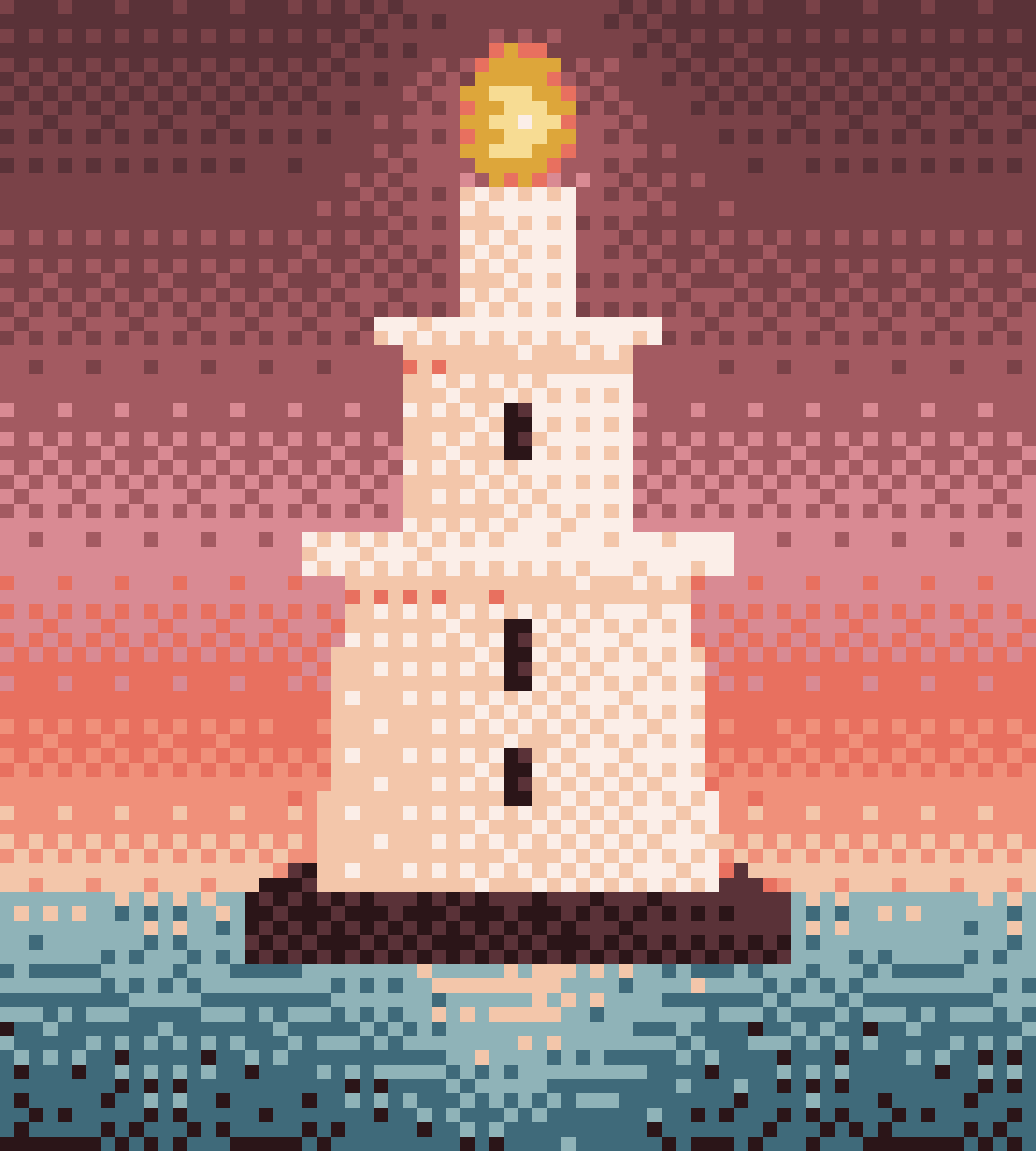 Pixel mosaic of the ancient three-tiered lighthouse of Alexandria with a fire on top.